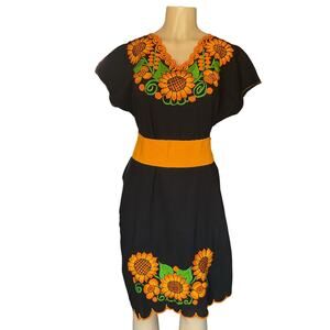 Artisan Handmade black Mexican Embroidered Dress with Sunflowers & Belt